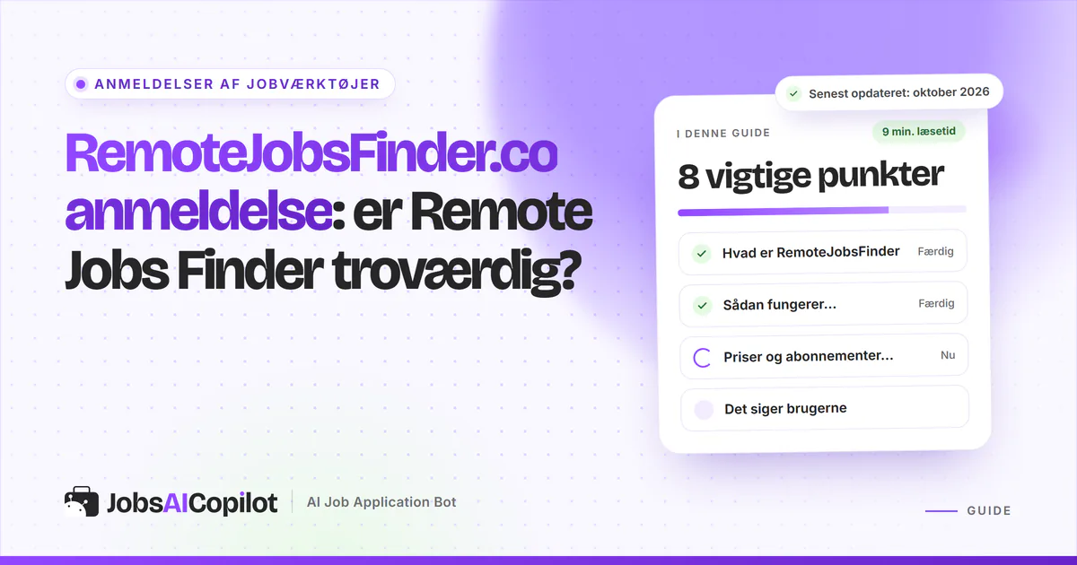 RemoteJobsFinder.co anmeldelse: titelkort med tjekliste over funktion, priser og brugernes erfaringer på en lilla forside