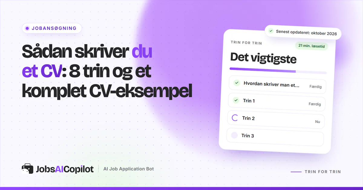 Sådan skriver du et CV: et enkelt dansk CV med profiltekst, erfaring og uddannelse på en lilla JobsAICopilot-forside