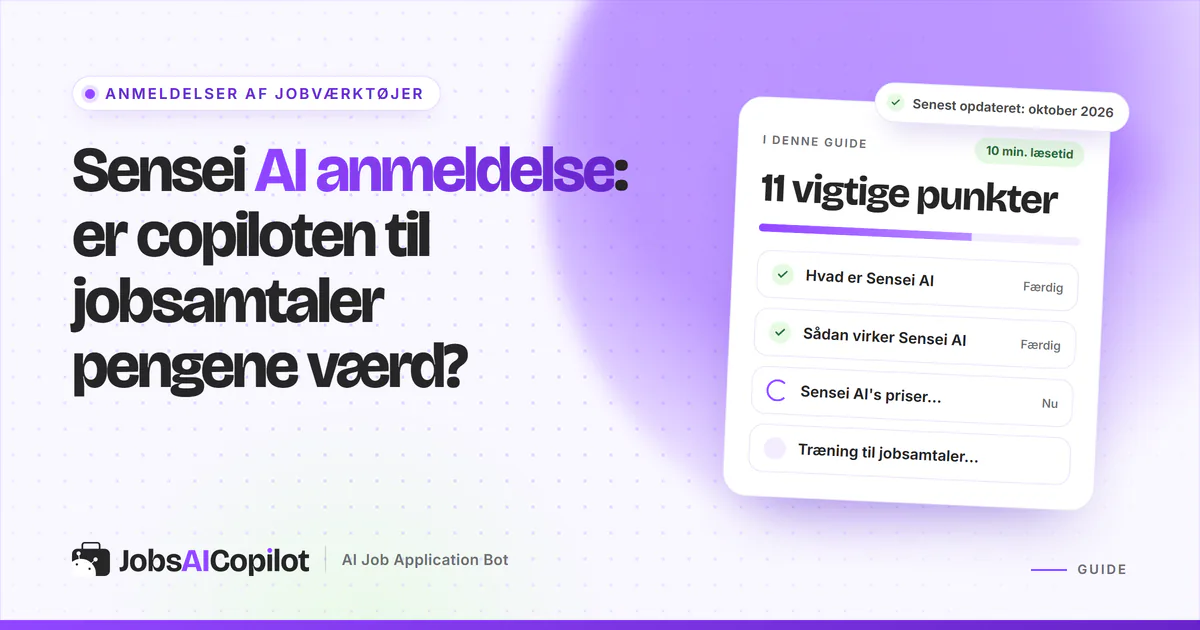 Sensei AI anmeldelse: titelkort med tjekliste over funktion, priser og etik på en lilla JobsAICopilot-forside
