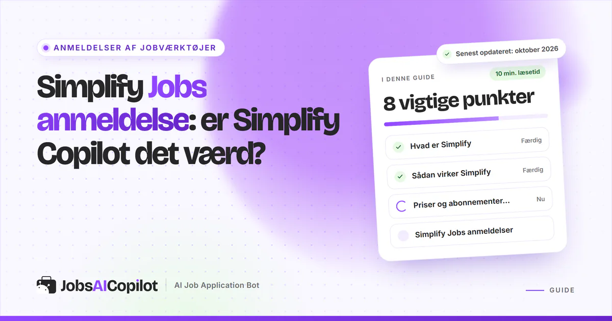 Simplify Jobs anmeldelse: titelkort med tjekliste over funktion, priser og brugeranmeldelser på en lilla forside