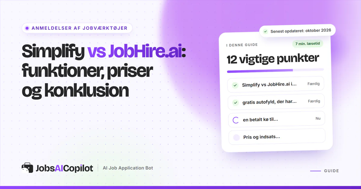 Simplify vs JobHire.ai: titelkort med tjekliste over overblik, gratis autofyld og en betalt kø på en lilla forside
