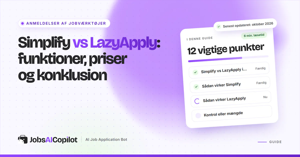 Simplify vs LazyApply: titelkort med tjekliste over overblik, funktion og kontrol mod mængde på en lilla forside