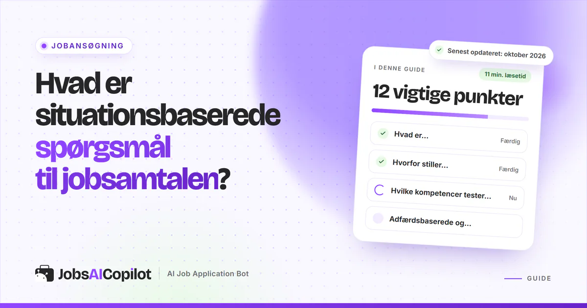 Situationsbaserede spørgsmål: titelkort med tjekliste over definition, formål og testede kompetencer på en lilla forside