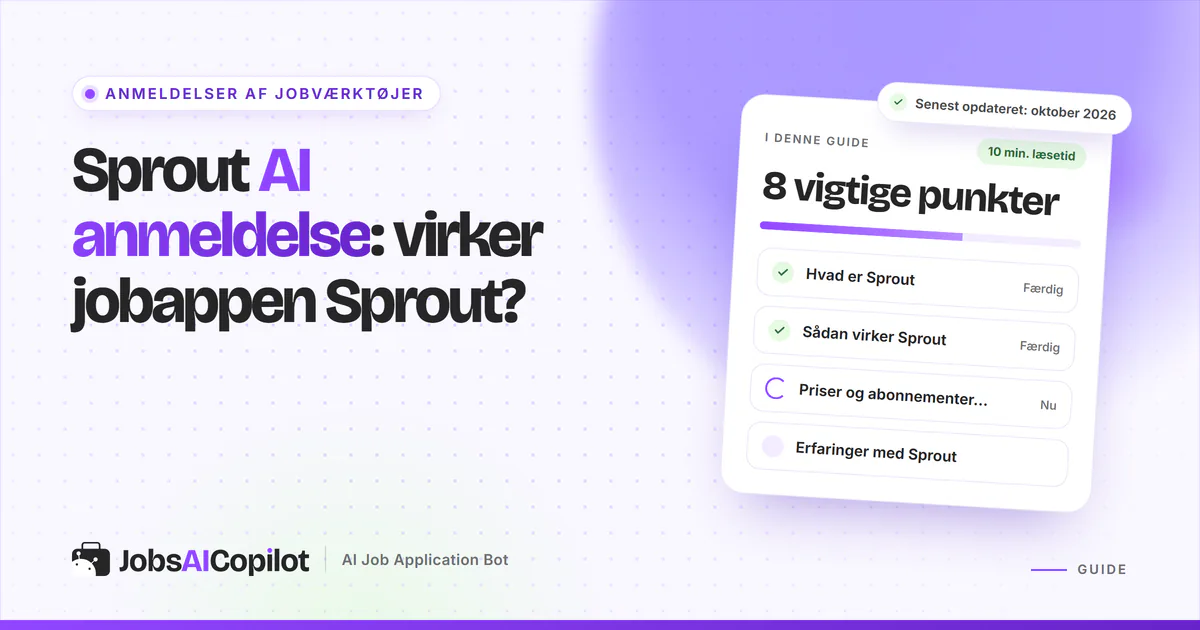Sprout anmeldelse: titelkort med tjekliste over jobappen, automatisk jobansøgning og priser på en lilla JobsAICopilot-forside