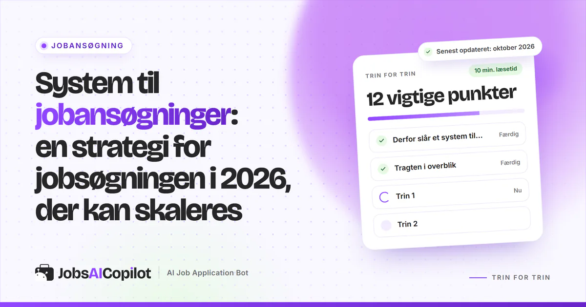 System til jobansøgninger: titelkort med tjekliste over tragten, match-score og tærskler på en lilla JobsAICopilot-forside