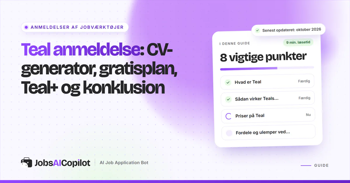 Teal anmeldelse: titelkort med tjekliste over CV-generatoren, gratis vs Teal+ og fordele og ulemper på en lilla forside