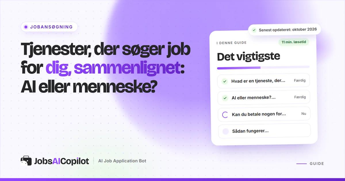 Tjenester, der søger job for dig: titelkort med tjekliste over AI vs menneske, betalt hjælp og advarselstegn