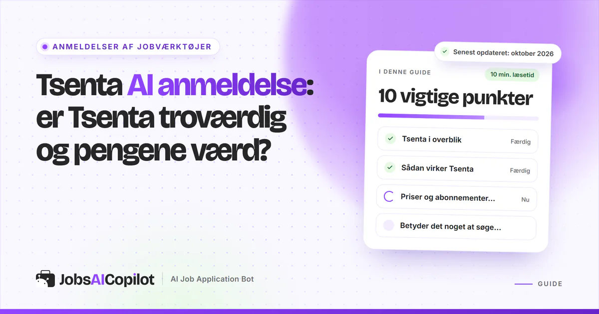 Tsenta AI anmeldelse: titelkort med tjekliste over firmaet, funktion og priser på en lilla JobsAICopilot-forside