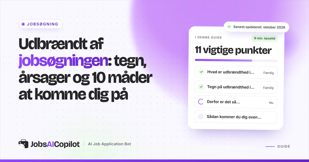 Udbrændt af jobsøgningen: titelkort med tjekliste over tegn, årsager og 10 måder at komme sig på på en lilla forside