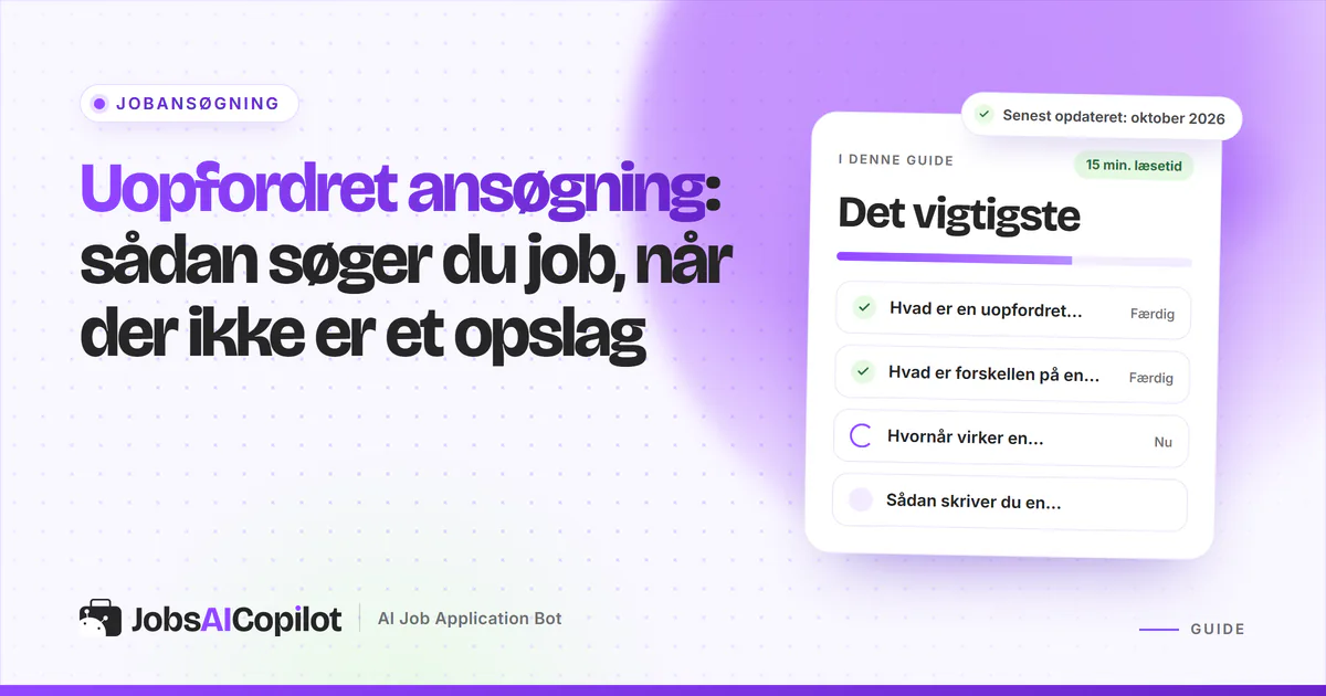 Uopfordret ansøgning: et kort brev og en mail til en virksomhed uden ledige stillinger på en lilla JobsAICopilot-forside