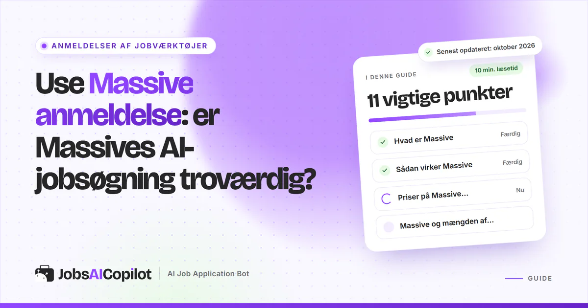 Use Massive anmeldelse: titelkort med tjekliste over funktion, priser og ansøgningsmængde på en lilla JobsAICopilot-forside