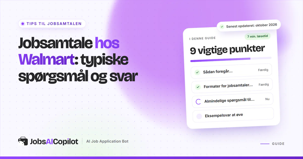Jobsamtale hos Walmart: titelkort med tjekliste over ansættelsesforløb, samtaleformer og typiske spørgsmål