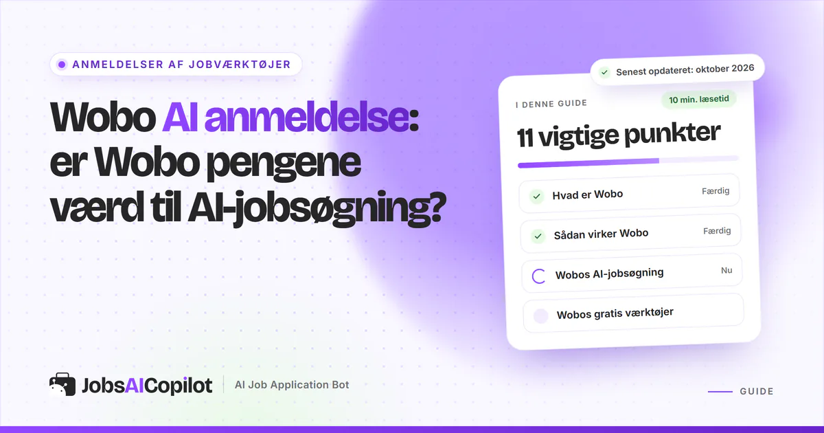 Wobo AI anmeldelse: titelkort med tjekliste over funktion, gratisværktøjer og priser på en lilla JobsAICopilot-forside