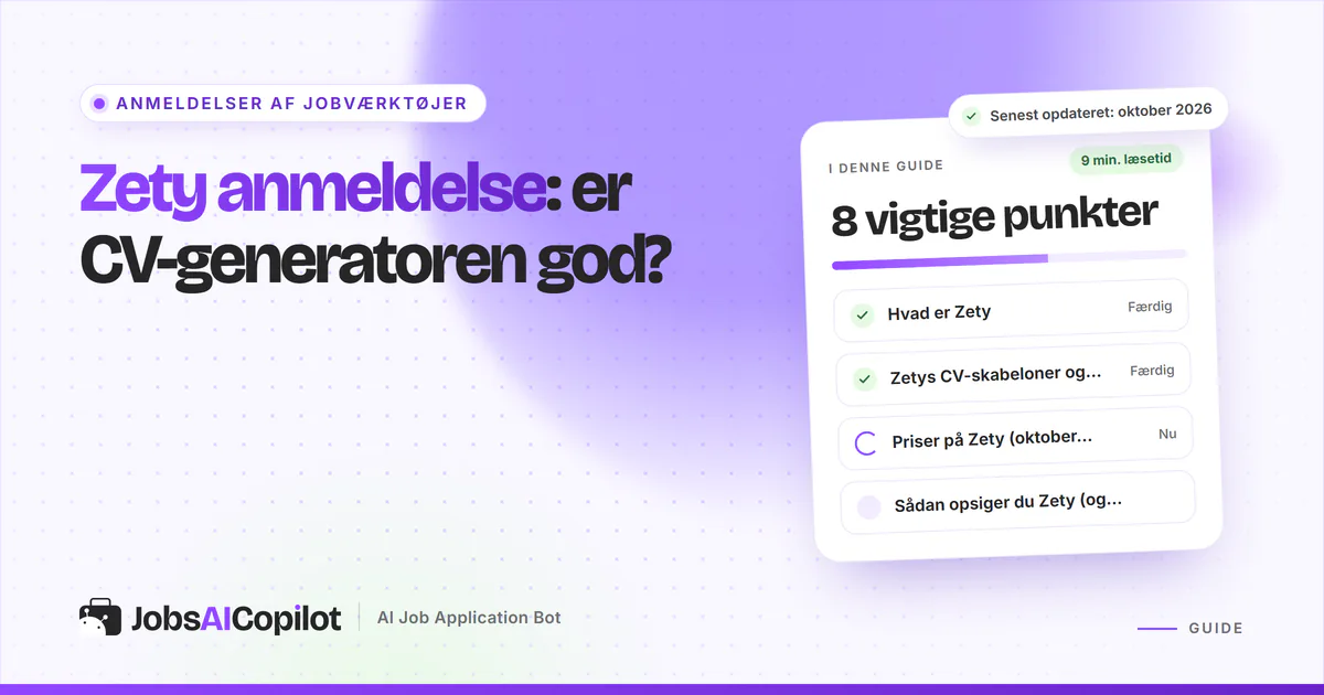Zety anmeldelse: titelkort med tjekliste over CV-skabeloner, ansøgningsgenerator og priser på en lilla JobsAICopilot-forside