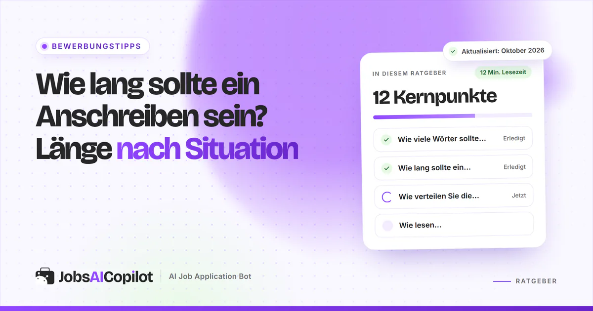 Wie lang sollte ein Anschreiben sein: eine Seite mit 250 bis 400 Wörtern auf einem violetten JobsAICopilot-Titelbild