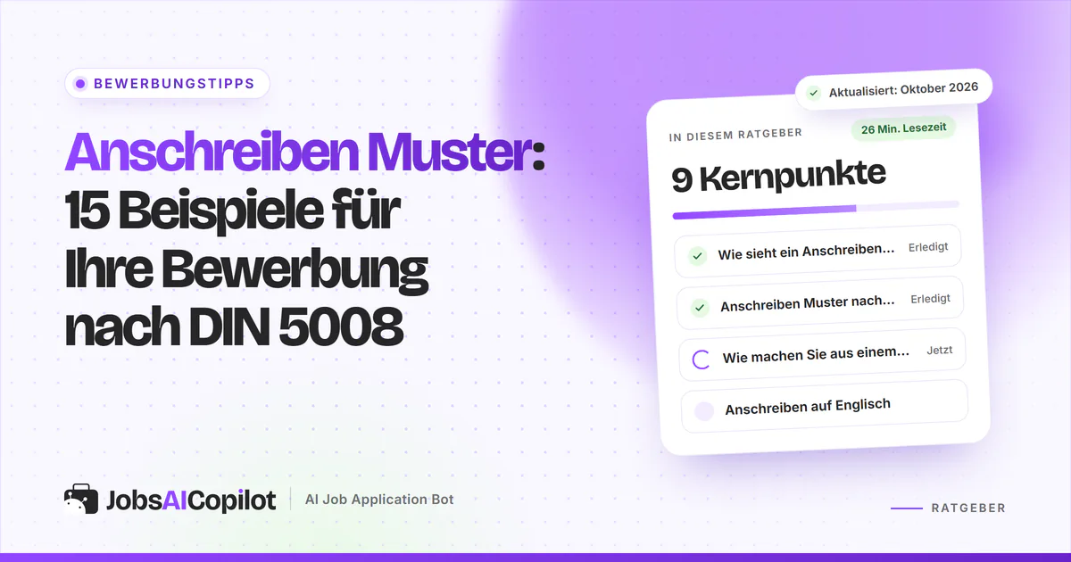 Anschreiben Muster: Beispiele für Ausbildung, Berufseinstieg und Quereinstieg auf einem violetten JobsAICopilot-Titelbild