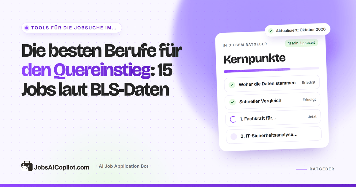 Diagramm der besten Berufe für den Quereinstieg 2026 mit BLS-Mediangehalt, Wachstumsprognose und Ausbildungsdauer