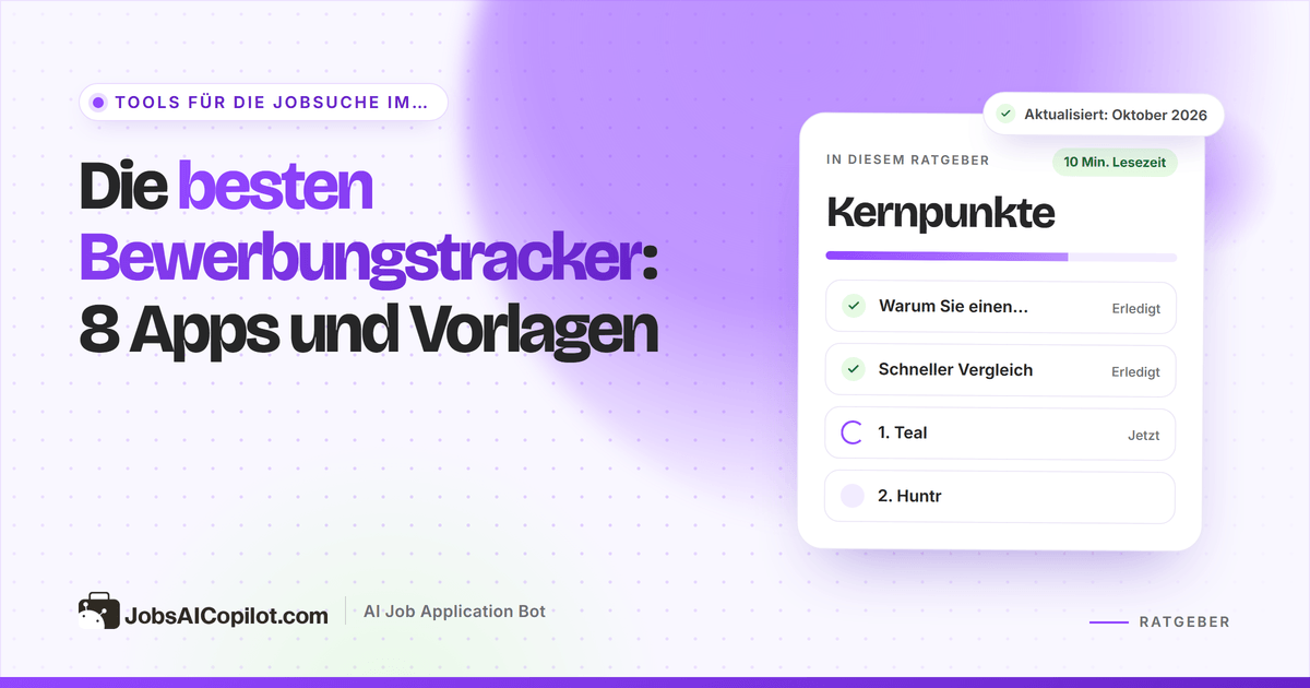 Bewerbungstracker im Kanban-Stil mit den Spalten Gespeichert, Beworben, Gespräch und Angebot neben einer Tabellenvorlage