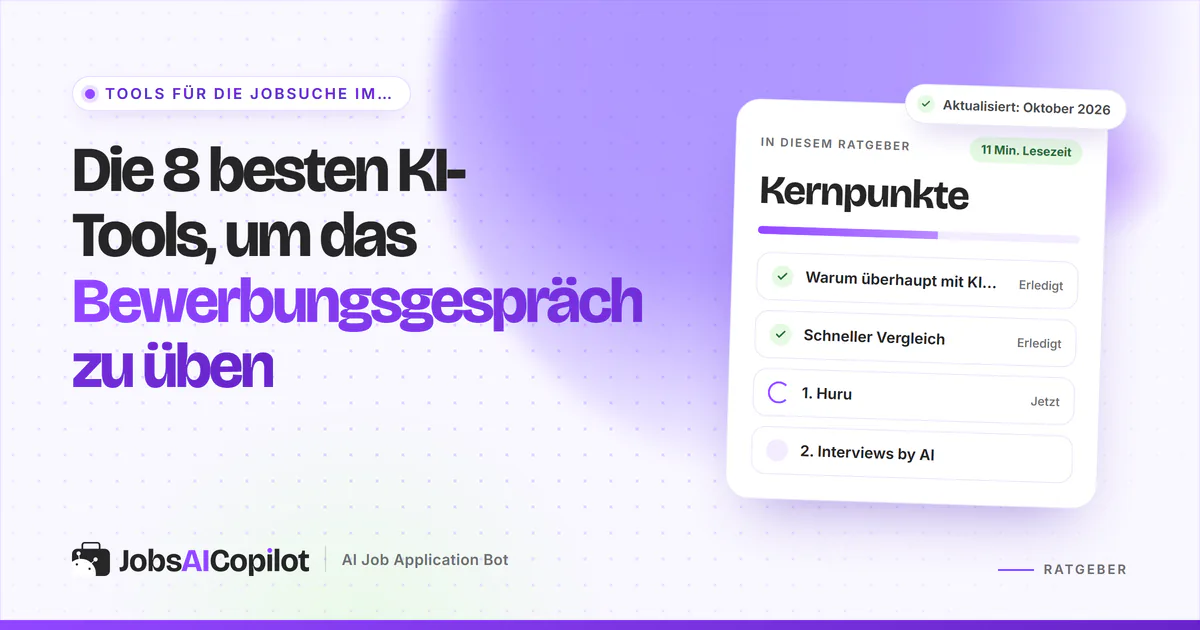 Die 8 besten KI-Tools fürs Bewerbungsgespräch: Titelkarte neben einer Checkliste der Kernpunkte