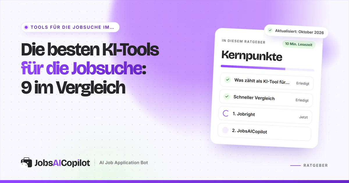 Die besten KI-Tools für die Jobsuche: Titelkarte zu 9 Tools im Vergleich neben einer Checkliste der Kernpunkte