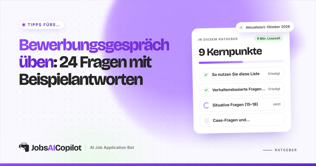 Bewerbungsgespräch üben: Titelkarte zu 24 Fragen mit Beispielantworten neben einer Checkliste der Kernpunkte