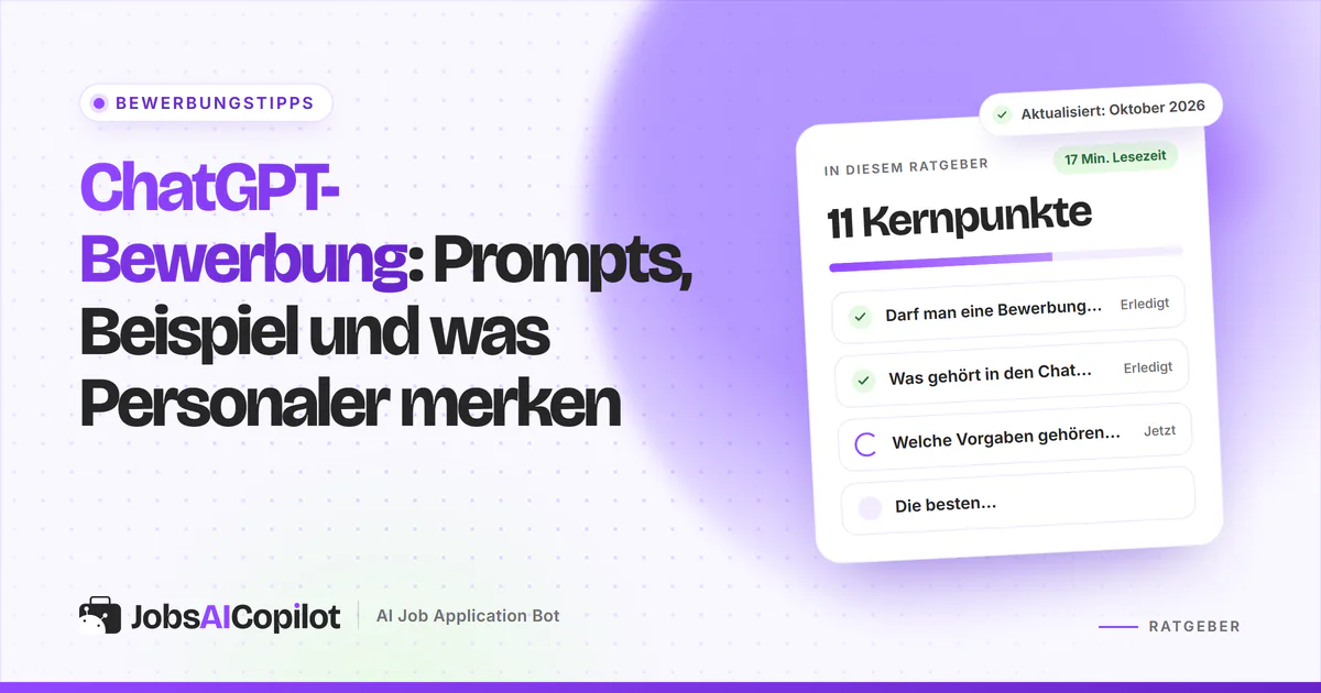 ChatGPT-Bewerbung: Anschreiben-Entwurf mit durchgestrichenen Floskeln auf einem violetten JobsAICopilot-Titelbild