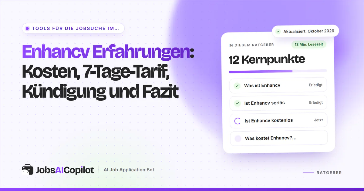 Enhancv Erfahrungen: Preise in Euro, 7-Tage-Tarif, Erstattung und Bewertungen auf einem violetten JobsAICopilot-Titelbild