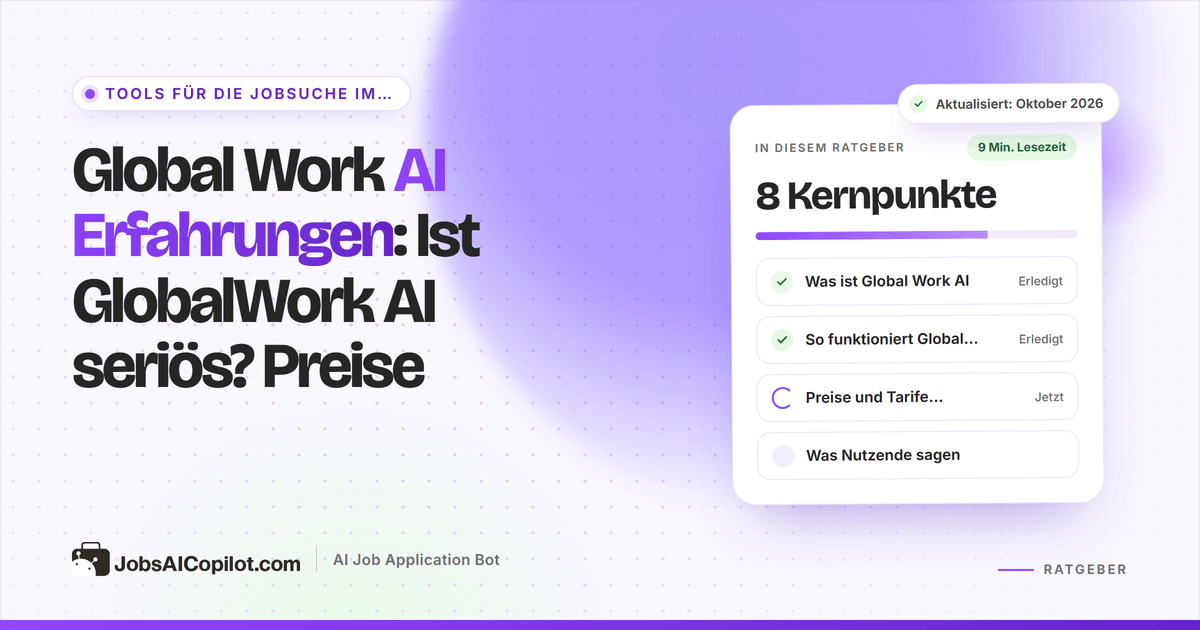 Global Work AI Erfahrungen: Titelkarte mit der Frage „Ist GlobalWork AI seriös?“ neben einer Checkliste zu Preisen und Fazit
