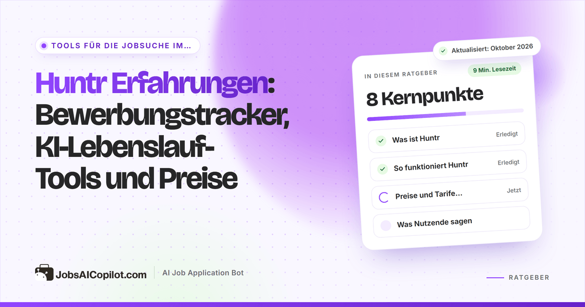 Huntr Erfahrungen: Titelkarte zu Bewerbungstracker, KI-Lebenslauf-Tools und Preisen neben einer Fazit-Checkliste