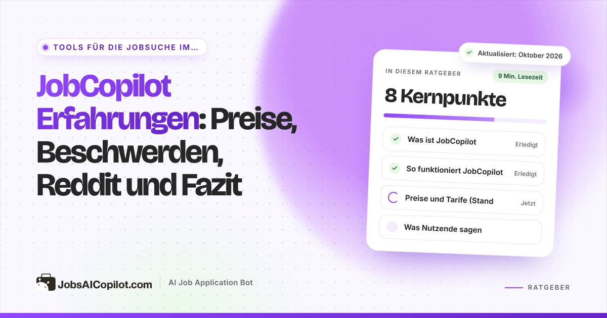 JobCopilot Erfahrungen: Titelkarte zu Preisen, Beschwerden, Reddit und Fazit neben einer Fazit-Checkliste