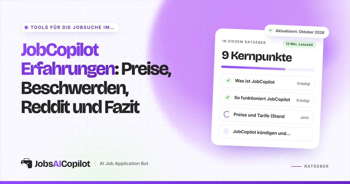 JobCopilot Erfahrungen: Titelkarte zu Preisen, Beschwerden, Reddit und Fazit neben einer Fazit-Checkliste