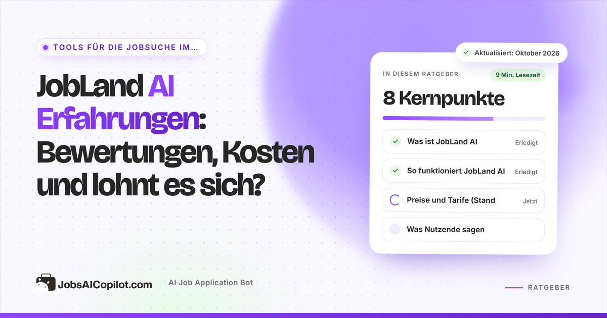 JobLand AI Erfahrungen: Titelkarte zu Bewertungen, Kosten und ob es sich lohnt, neben einer Fazit-Checkliste