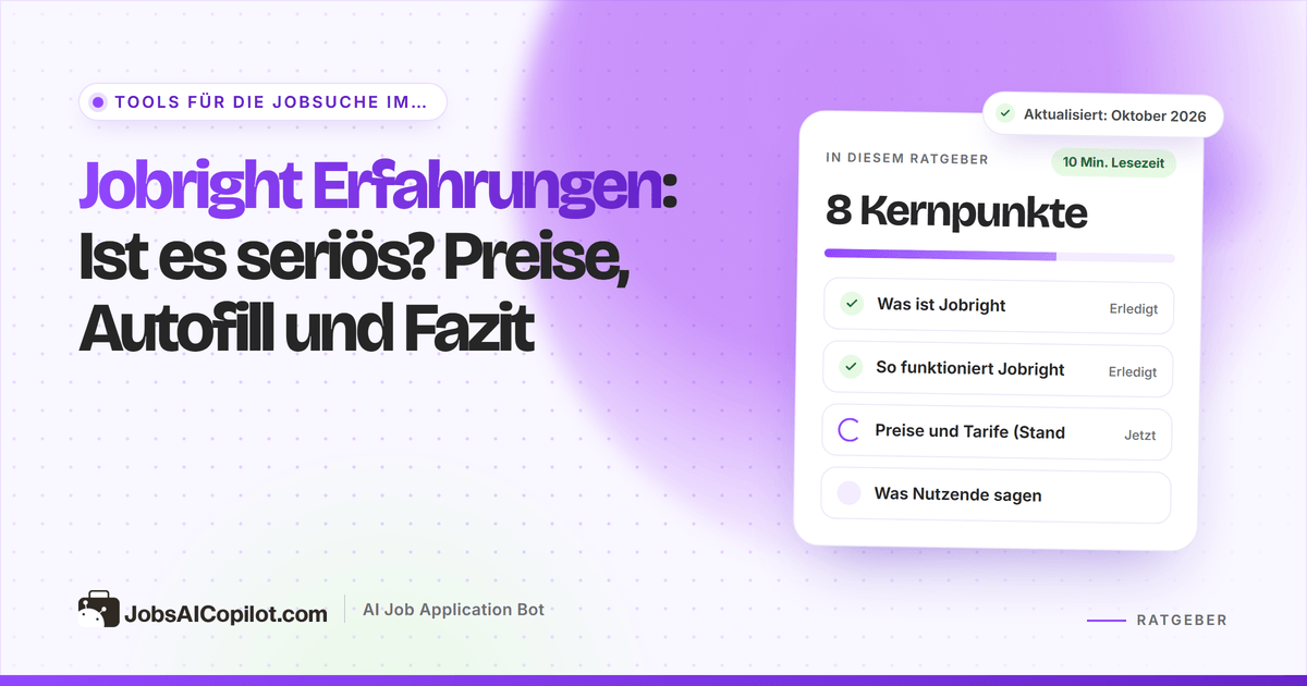 Jobright Erfahrungen: Titelkarte mit „Ist es seriös? Preise, Autofill und Fazit“ neben einer Fazit-Checkliste