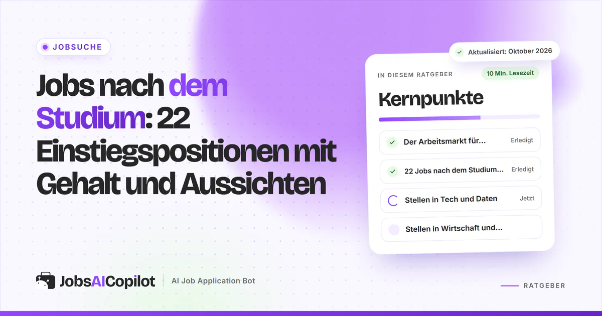 Jobs nach dem Studium: Titelkarte zu 22 Einstiegspositionen mit Gehalt und Aussichten neben einer Checkliste der Kernpunkte