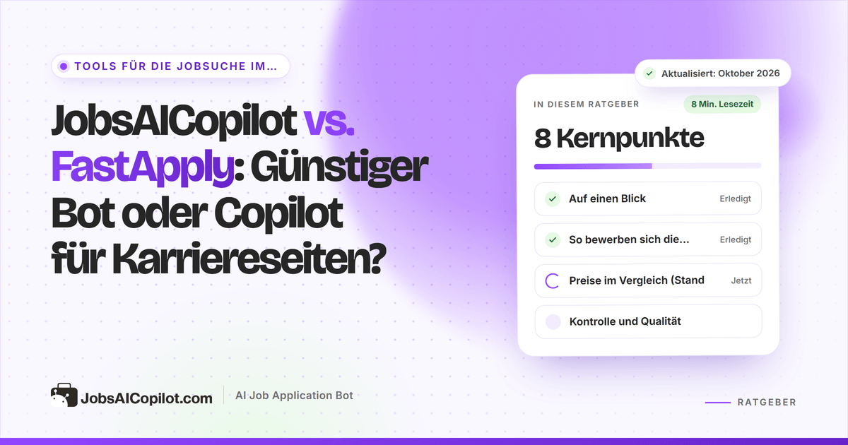 Titelbild JobsAICopilot vs. FastApply: Panel einer Browser-Erweiterung neben einer Warteschlange für Karriereseiten