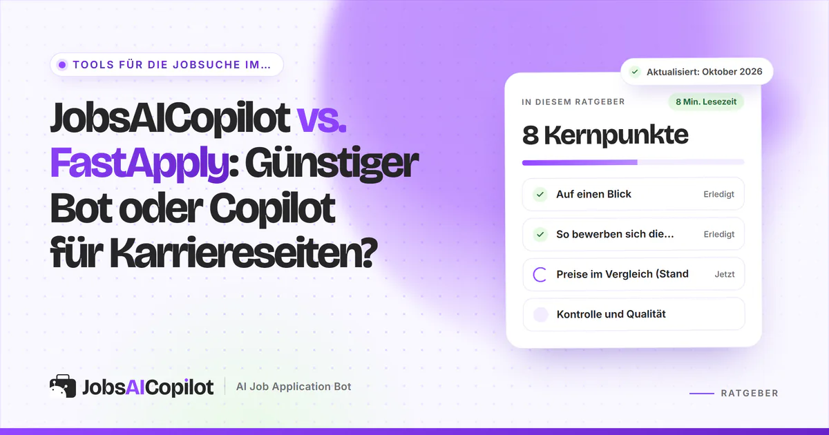 JobsAICopilot vs. FastApply: Titelkarte „Günstiger Bot oder Copilot für Karriereseiten?“ mit Checkliste der Kernpunkte