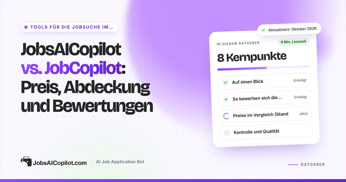 Titelbild JobsAICopilot vs. JobCopilot: zwei Tarifkarten zu Preisangabe, Abdeckung und Nutzerbewertungen