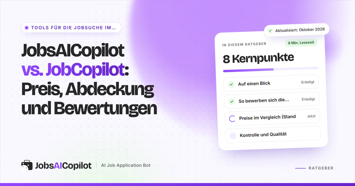 JobsAICopilot vs. JobCopilot: Titelkarte zu Preis, Abdeckung und Bewertungen neben einer Checkliste der Kernpunkte