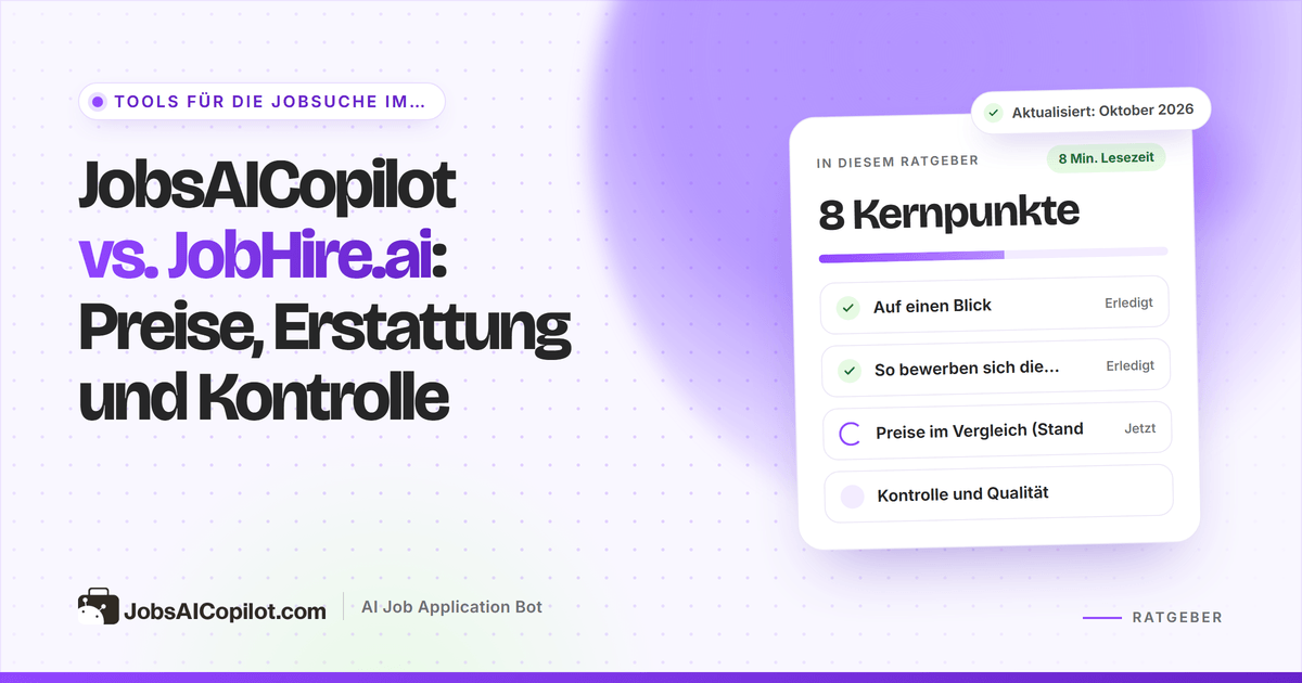 Titelbild JobsAICopilot vs. JobHire.ai: veröffentlichte und unveröffentlichte Preise, Erstattungsregeln und Tageslimits