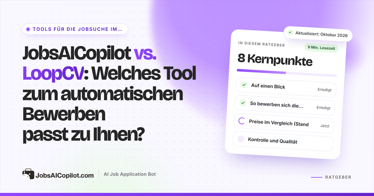 Titelbild JobsAICopilot vs. LoopCV: zwei Spalten zu Preis, Tageslimits und Prüfoptionen