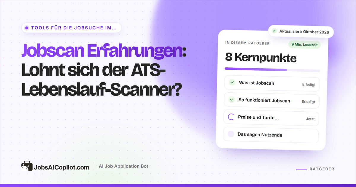 Jobscan Erfahrungen: Titelkarte mit der Frage „Lohnt sich der ATS-Lebenslauf-Scanner?“ neben einer Fazit-Checkliste