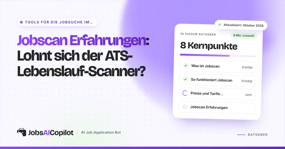 Jobscan Erfahrungen: Titelkarte mit der Frage „Lohnt sich der ATS-Lebenslauf-Scanner?“ neben einer Fazit-Checkliste