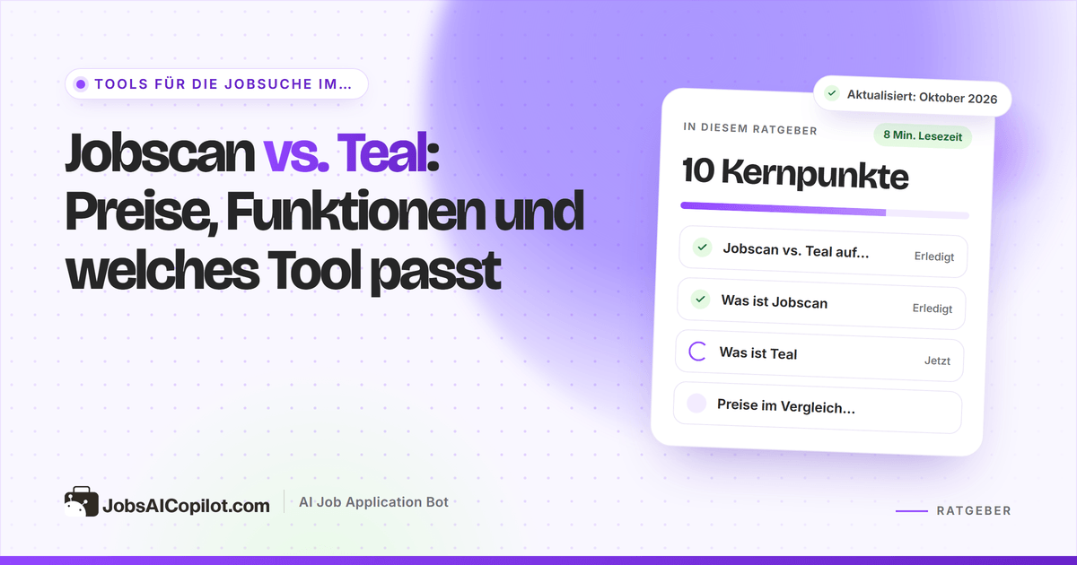 Jobscan vs. Teal: ATS-Match-Bericht neben einem Tracker-Board mit gespeicherten Bewerbungen