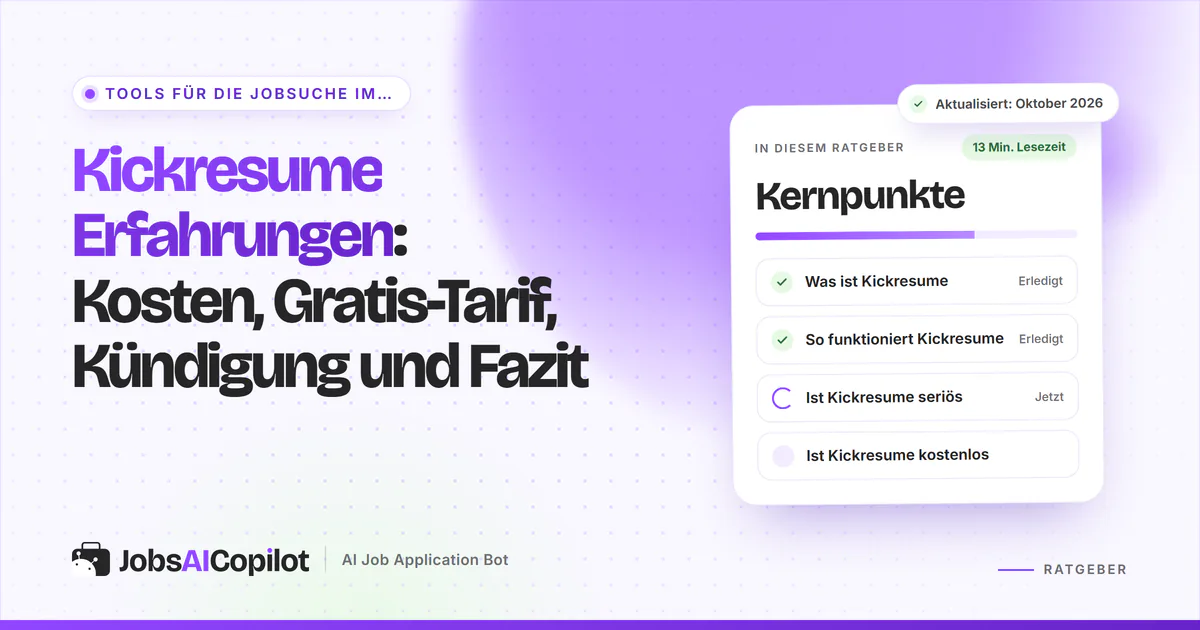 Kickresume Erfahrungen: Gratis-Tarif, Preise in Euro, Erstattung und Bewertungen auf einem violetten JobsAICopilot-Titelbild