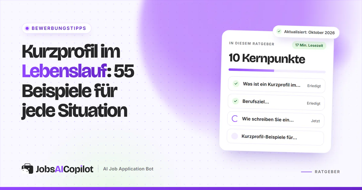 Kurzprofil im Lebenslauf: Lebenslauf-Kopf mit hervorgehobenem Kurzprofil auf einem violetten Titelbild