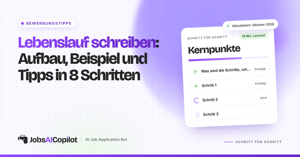 Lebenslauf schreiben: ein einspaltiger, tabellarischer Lebenslauf mit hervorgehobenen Abschnitten auf violettem Titelbild