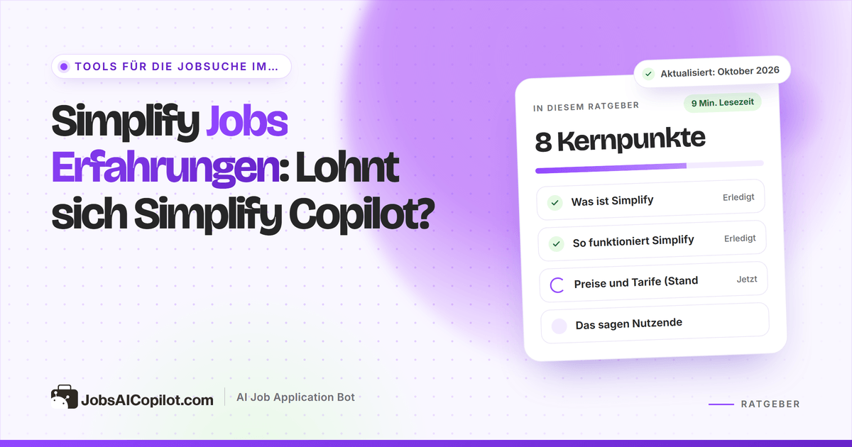 Simplify Jobs Erfahrungen: Titelkarte mit der Frage „Lohnt sich Simplify Copilot?“ neben einer Fazit-Checkliste