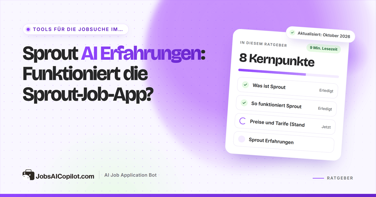 Sprout AI Erfahrungen: Titelkarte mit der Frage „Funktioniert die Sprout-Job-App?“ neben einer Fazit-Checkliste