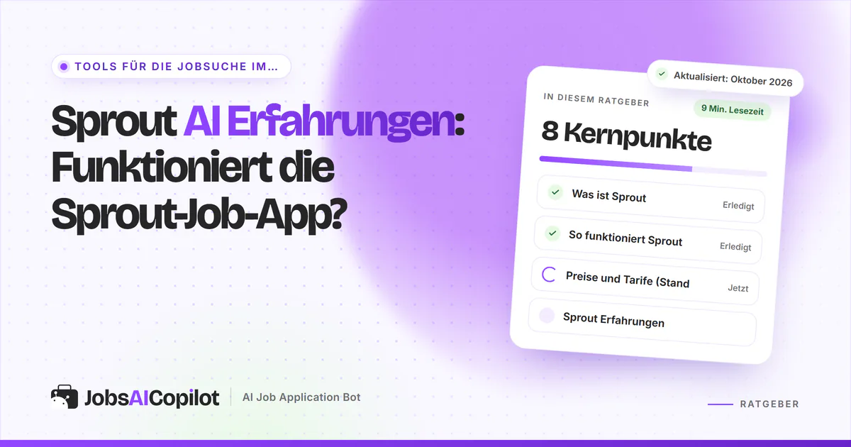 Sprout AI Erfahrungen: Titelkarte mit der Frage „Funktioniert die Sprout-Job-App?“ neben einer Fazit-Checkliste