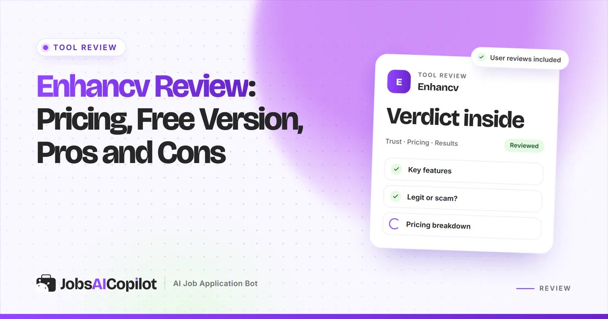 Enhancv review card covering pricing, the 7-day free plan, refund rules and pros and cons on a violet JobsAICopilot cover